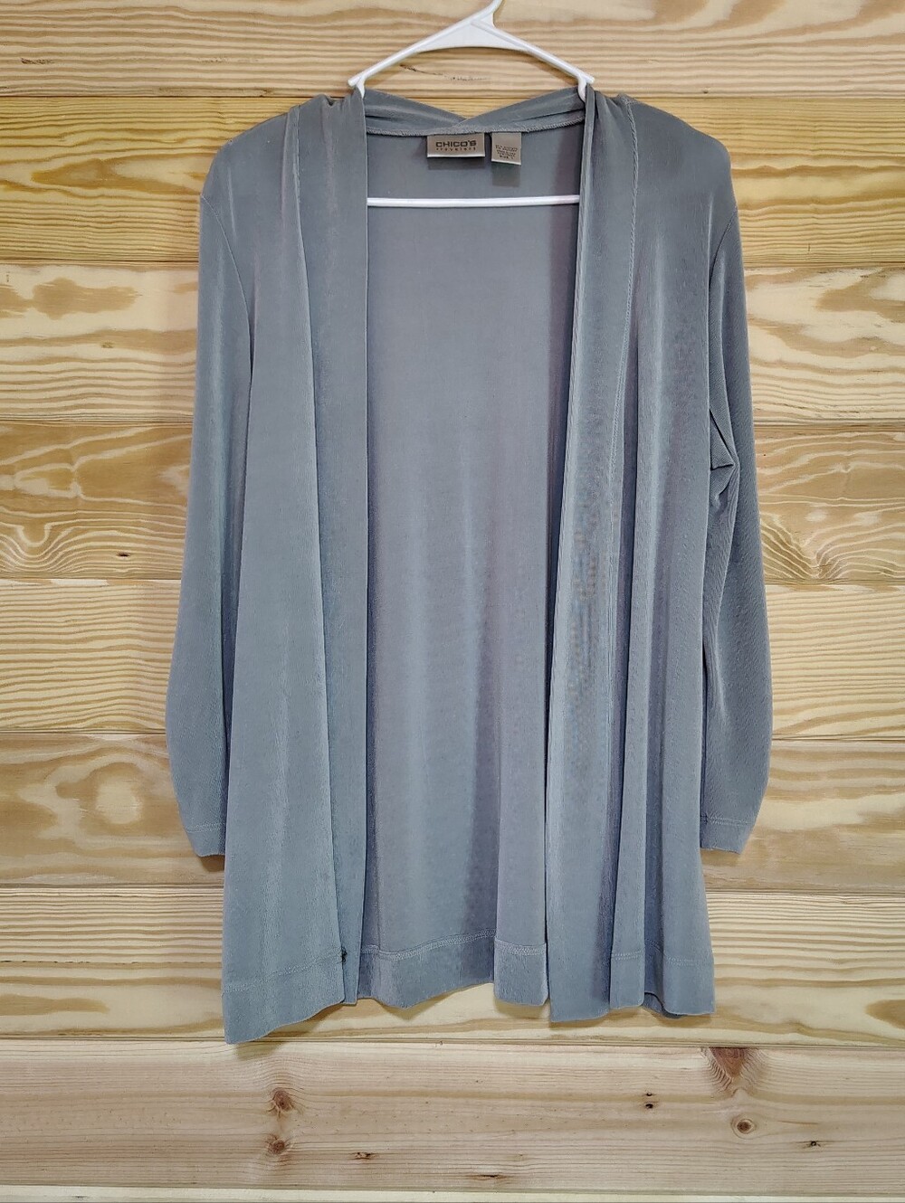 Chico’s Travelers Size 1 Gray Open Front Cardigan Zip Sleeve Stretch Jacket Chic